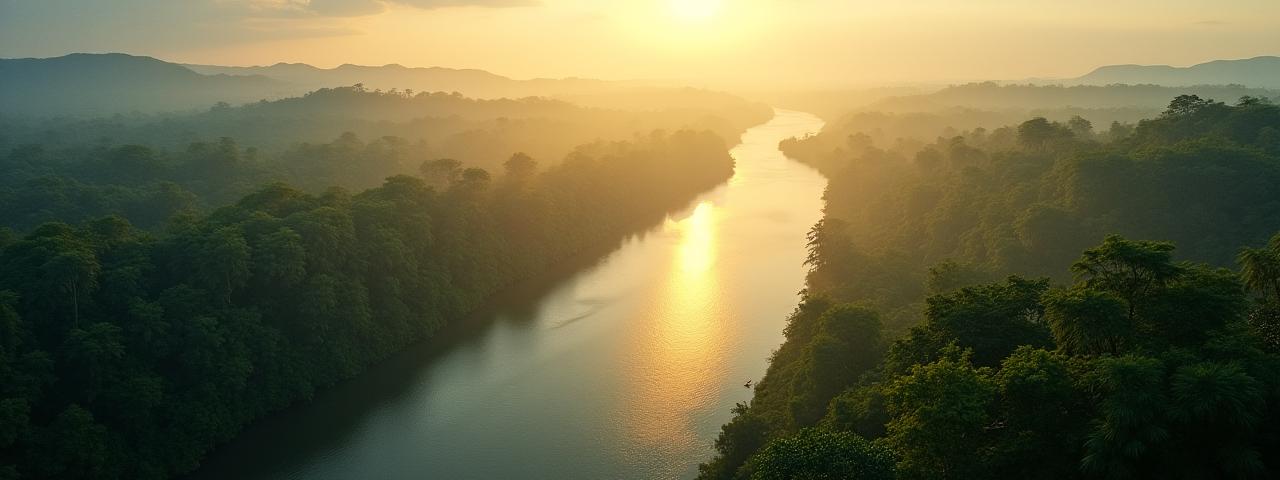 Vue aérienne d'une rivière serpentant à travers une forêt dense et luxuriante au lever du soleil