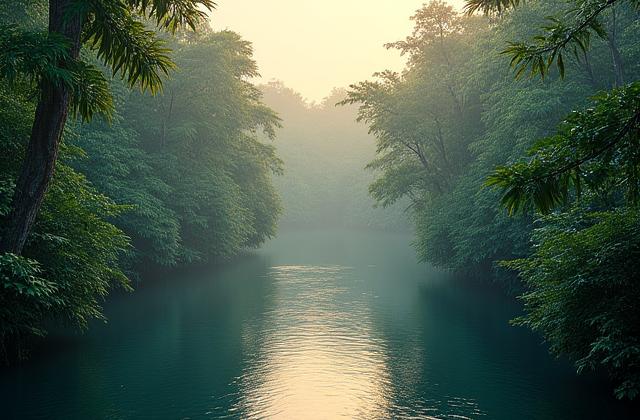 Forêt amazonienne luxuriante et rivière tranquille au lever du soleil