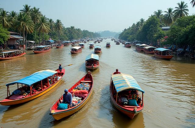 Bateaux locaux colorés naviguant sur le Mékong avec des maisons flottantes