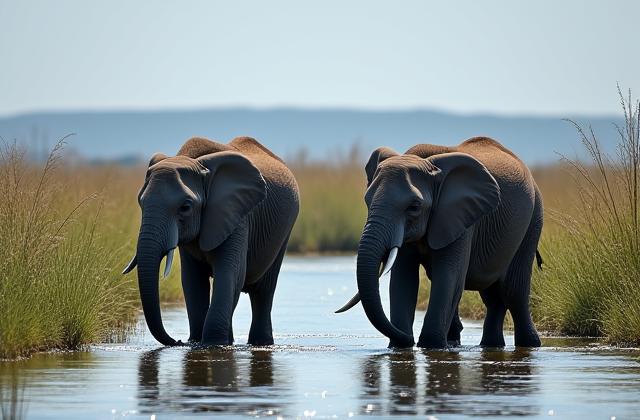 Animaux sauvages comme des éléphants buvant au bord d'une rivière dans le delta de l'Okavango