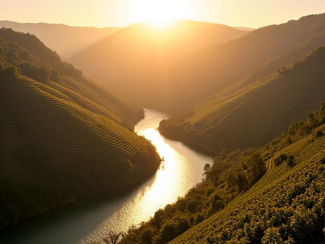 Vallée du Douro au Portugal avec des vignobles en terrasses et le fleuve miroitant