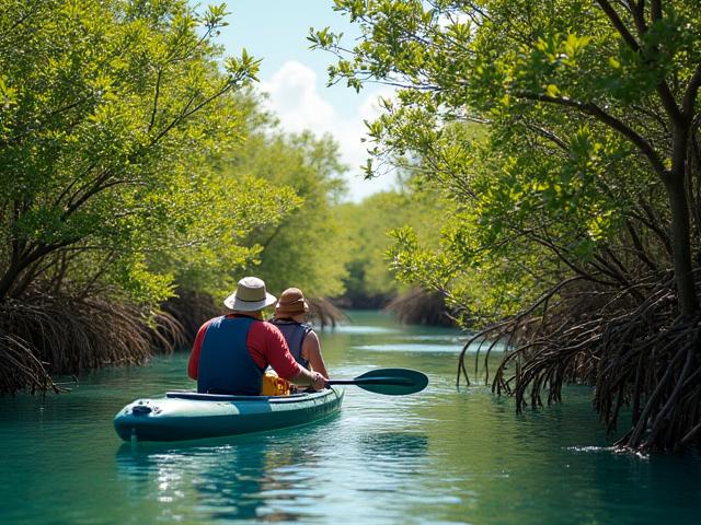Explorateurs en kayak observant la faune dans un delta luxuriant