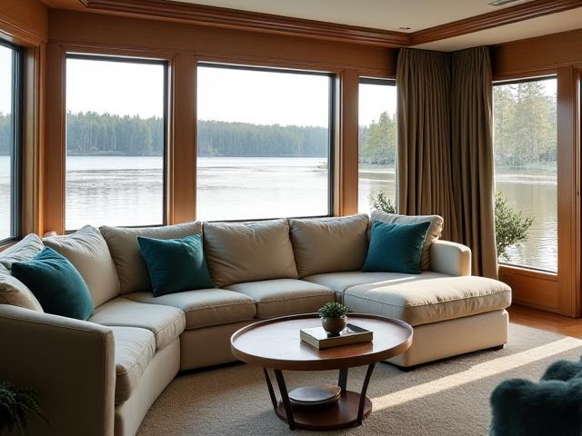 Intérieur élégant d'une péniche de luxe avec vue sur l'eau