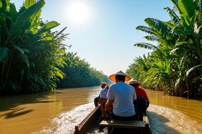 Scène de vie sur le Mékong avec des bateaux traditionnels