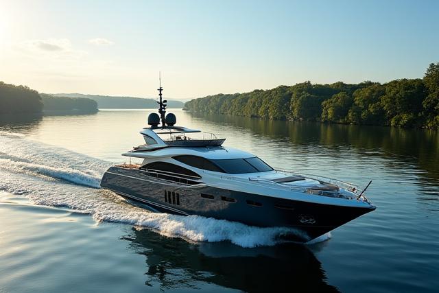 Yacht de luxe naviguant sur une rivière au coucher du soleil