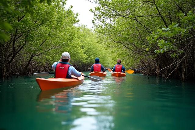 Kayaks explorant un delta mangrove