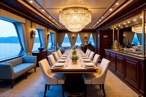Vaste intérieur de luxe, salon spacieux sur une grande péniche